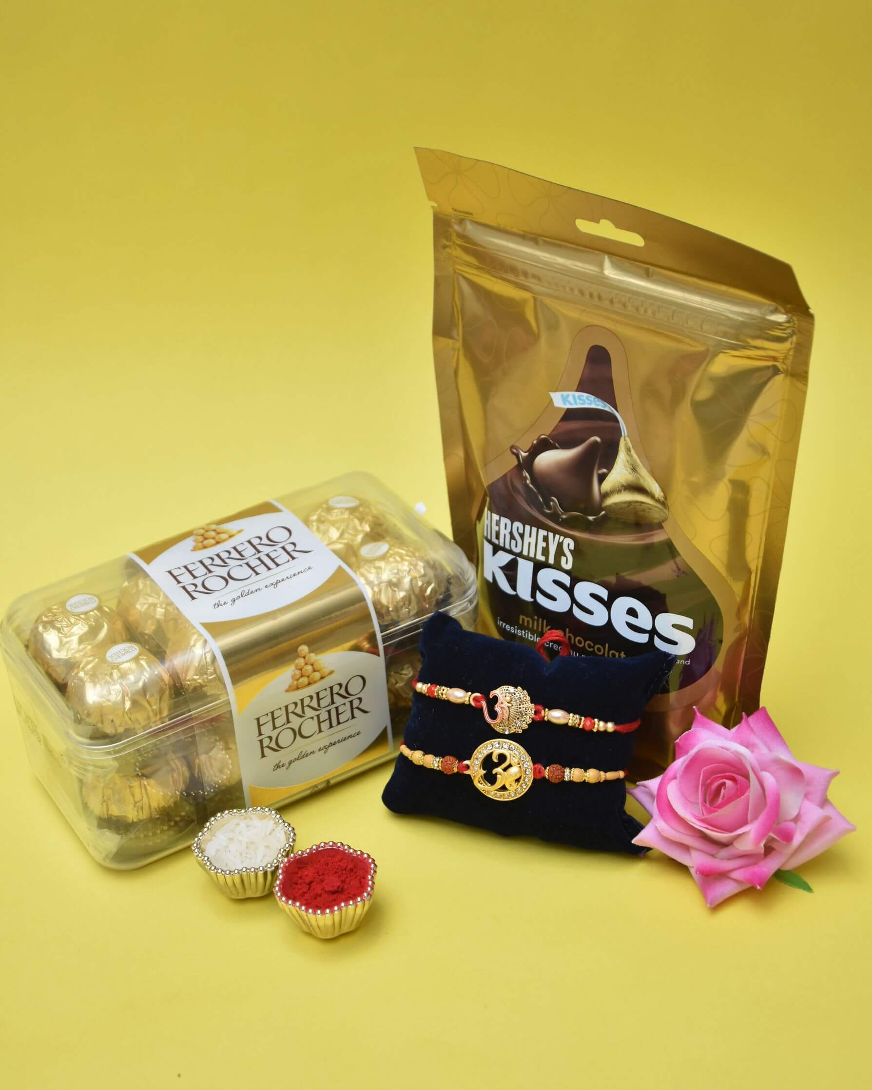 Set of 2 Divine Om CZ Rakhi with Ferrero Rocher Chocolate Tub and Pack